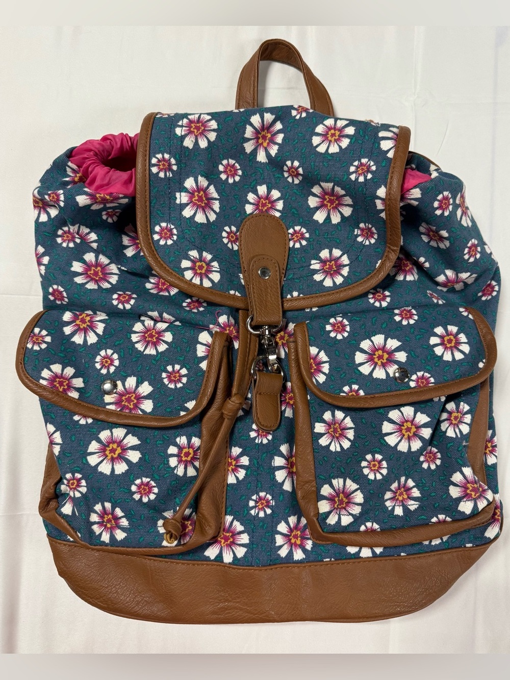 Indie Floral Canvas Backpack Faux Leather Trim Cottagecore Bag